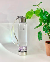 Load image into Gallery viewer, Amethyst Elixir Crystal Aqua Bottle with Amethyst Crystals & Vegan Leather Strap