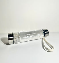 Load image into Gallery viewer, Clear Quartz Elixir Crystal Aqua Bottle with Clear Quartz Crystals & Vegan Leather Strap
