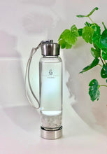 Load image into Gallery viewer, Clear Quartz Elixir Crystal Aqua Bottle with Clear Quartz Crystals & Vegan Leather Strap
