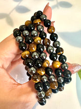 Load image into Gallery viewer, Triple-Protection Beaded Bracelet: Tiger’s Eye, Black Obsidian, and Hematite for Strength, Protection, and Balance