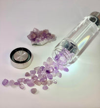 Load image into Gallery viewer, Amethyst Elixir Crystal Aqua Bottle with Amethyst Crystals &amp; Vegan Leather Strap
