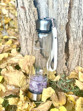 Load image into Gallery viewer, Amethyst Elixir Crystal Aqua Bottle with Amethyst Crystals &amp; Vegan Leather Strap
