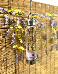 Amethyst Elixir Crystal Aqua Bottle with Amethyst Crystals & Vegan Leather Strap