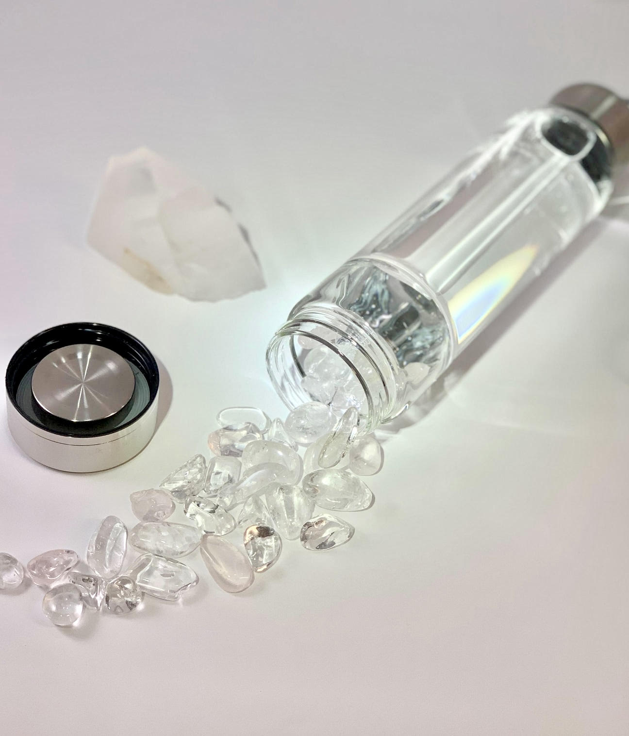 Clear Quartz Elixir Crystal Aqua Bottle with Clear Quartz Crystals & Vegan Leather Strap