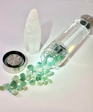 Load image into Gallery viewer, Green Aventurine Elixir Crystal Aqua Bottle with Green Aventurine Crystals &amp; Vegan Leather Strap
