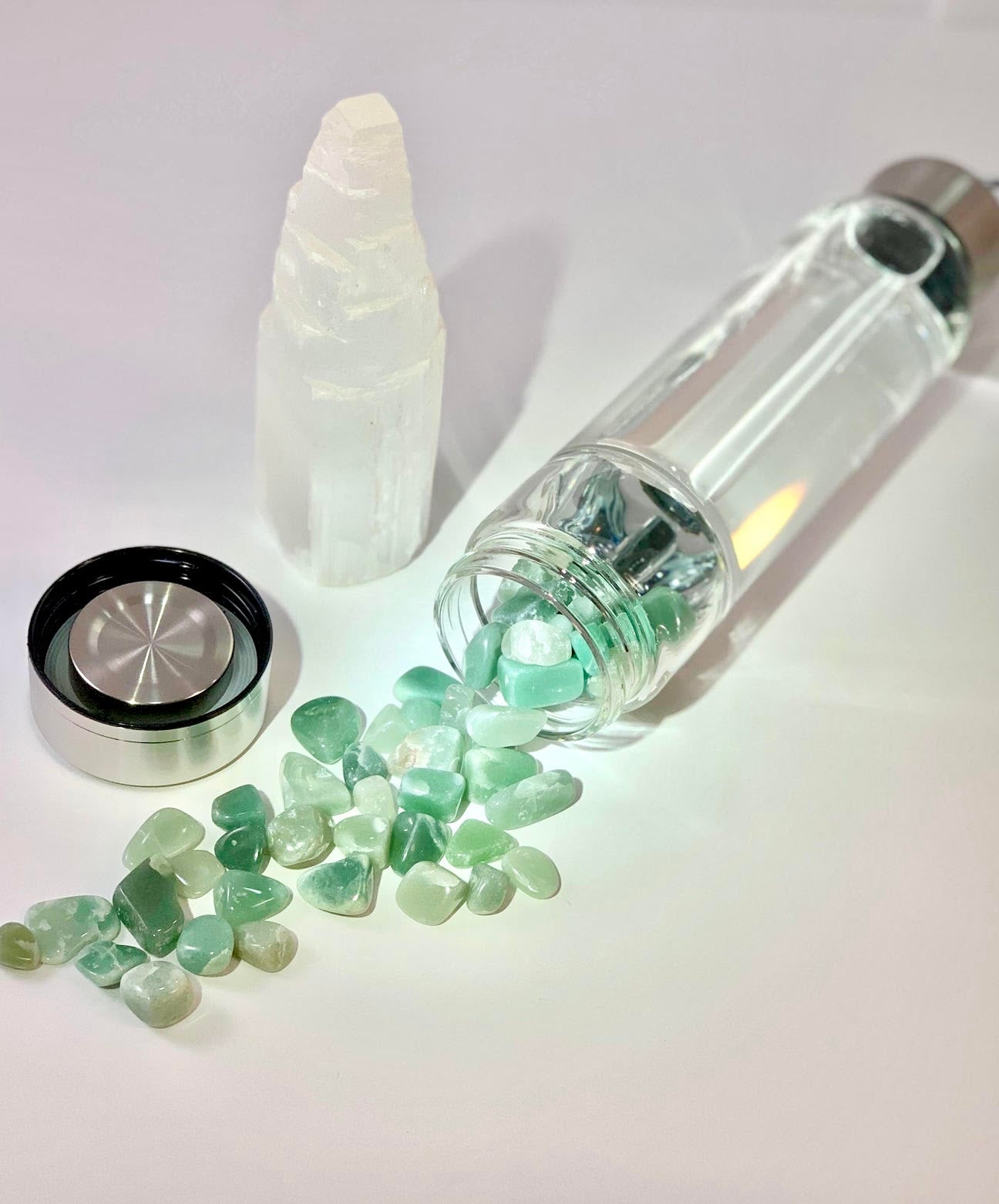 Green Aventurine Elixir Crystal Aqua Bottle with Green Aventurine Crystals & Vegan Leather Strap