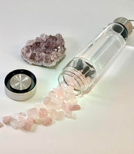 Load image into Gallery viewer, Rose Quartz Elixir Crystal Aqua Bottle with Rose Quartz Crystals &amp; Vegan Leather Strap
