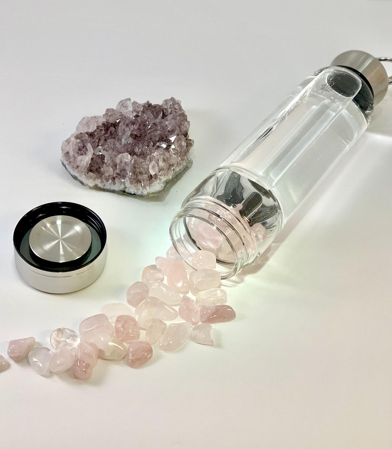 Rose Quartz Elixir Crystal Aqua Bottle with Rose Quartz Crystals & Vegan Leather Strap