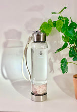 Load image into Gallery viewer, Rose Quartz Elixir Crystal Aqua Bottle with Rose Quartz Crystals &amp; Vegan Leather Strap
