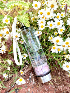 Rose Quartz Elixir Crystal Aqua Bottle with Rose Quartz Crystals & Vegan Leather Strap