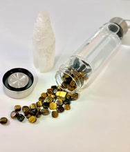 Load image into Gallery viewer, Tiger Eye Elixir Crystal Aqua Bottle with Tiger Eye Crystals &amp; Vegan Leather Strap
