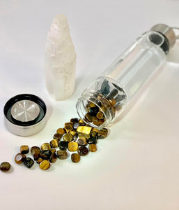 Tiger Eye Elixir Crystal Aqua Bottle with Tiger Eye Crystals & Vegan Leather Strap